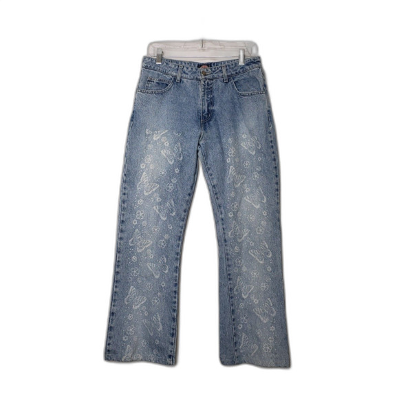 Paris Blues Denim - Vintage PARIS BLUES Butterfly Pattern Boot Cut Denim Blue Jeans Juniors Size 11